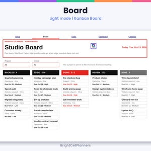 May include: A digital Kanban board interface titled Studio Board with columns labeled Backlog, To Do, Doing, Review, and Done. The layout displays various project tasks with owners, priority levels, and due dates, set to light mode view.