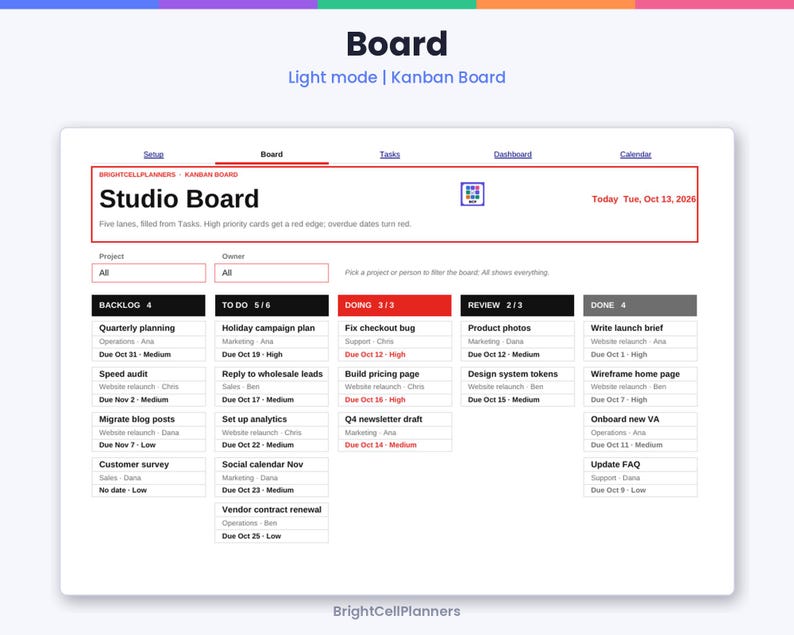 May include: A digital Kanban board interface titled Studio Board with columns labeled Backlog, To Do, Doing, Review, and Done. The layout displays various project tasks with owners, priority levels, and due dates, set to light mode view.