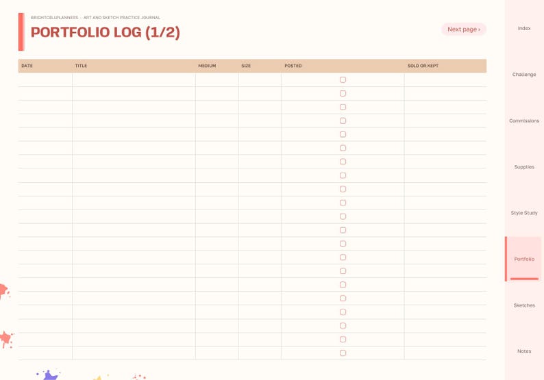 May include: A digital planner page titled Portfolio Log (1/2) with columns for date, title, medium, size, posted, and sold or kept. The layout features a light background, a navigation sidebar with tabs, and small colorful star graphics at the bottom.
