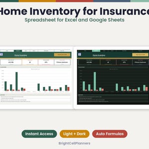 May include: A digital home inventory spreadsheet for Excel and Google Sheets titled Home Inventory for Insurance. The display shows two versions of a dashboard with bar charts, data tables, and metrics in both light and dark mode themes.