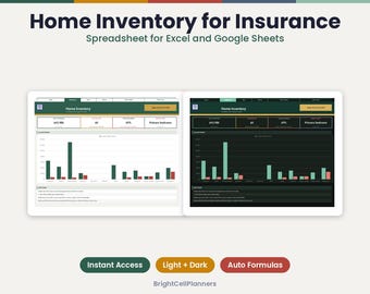 Puede incluir: Una hoja de cálculo de inventario doméstico para Excel y Google Sheets titulada Home Inventory for Insurance. La pantalla muestra dos versiones de un panel con gráficos de barras, tablas de datos y métricas en temas claro y oscuro.