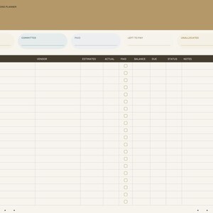 May include: A digital wedding budget planner page with a tan header labeled BUDGET. The layout includes fields for total budget, committed, paid, left to pay, and unallocated amounts. A table lists categories like venue, catering, and music.
