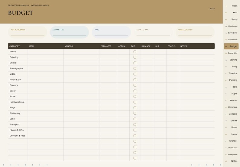 May include: A digital wedding budget planner page with a tan header labeled BUDGET. The layout includes fields for total budget, committed, paid, left to pay, and unallocated amounts. A table lists categories like venue, catering, and music.