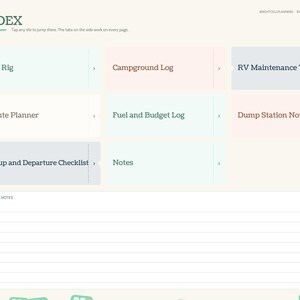 May include: A digital RV and travel planner index page featuring a sidebar navigation and interactive tiles labeled My Rig, Campground Log, RV Maintenance Tracker, Route Planner, Fuel and Budget Log, Dump Station Notes, Setup and Departure Checklist, and Notes, with a section for quick notes at the bottom.