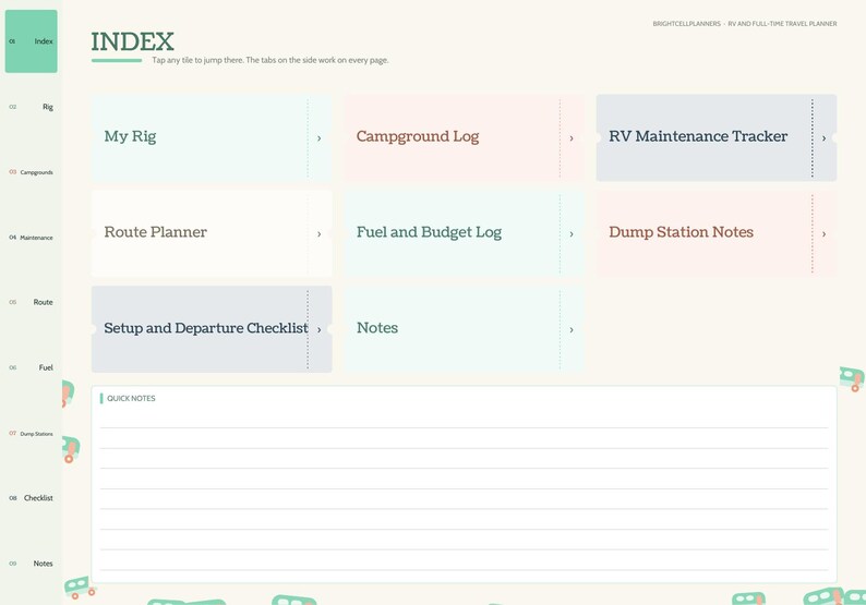 May include: A digital RV and travel planner index page featuring a sidebar navigation and interactive tiles labeled My Rig, Campground Log, RV Maintenance Tracker, Route Planner, Fuel and Budget Log, Dump Station Notes, Setup and Departure Checklist, and Notes, with a section for quick notes at the bottom.