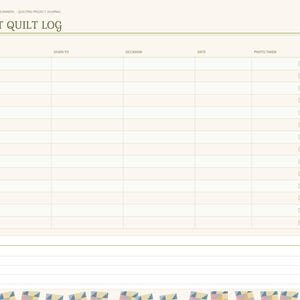 May include: A digital quilting project journal page titled Gift Quilt Log with columns for quilt, given to, occasion, date, and photo taken. The layout features a sidebar with tabs for index, projects, stash, blocks, cutting, gifts, and notes.