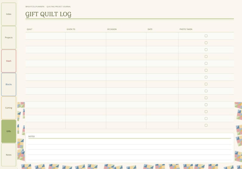 May include: A digital quilting project journal page titled Gift Quilt Log with columns for quilt, given to, occasion, date, and photo taken. The layout features a sidebar with tabs for index, projects, stash, blocks, cutting, gifts, and notes.