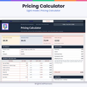 May include: A digital pricing calculator interface titled Pricing Calculator by BrightCellPlanners. The screen displays data fields for product costs, materials used, wholesale price, suggested retail, and profit per sale for a candle.