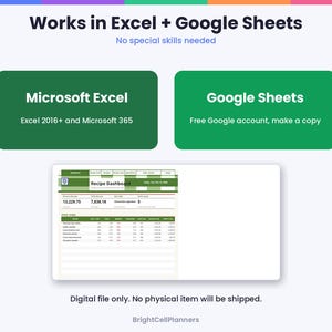 Op de afbeelding: Een digitaal spreadsheet-sjabloon voor receptbeheer met een dashboard-interface. De tekst bevat Works in Excel + Google Sheets, Microsoft Excel, Google Sheets en Recipe Dashboard. De lay-out toont gegevenstabellen met kolommen voor kosten en totalen.