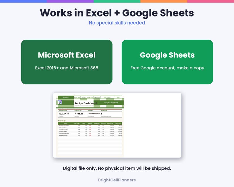 Op de afbeelding: Een digitaal spreadsheet-sjabloon voor receptbeheer met een dashboard-interface. De tekst bevat Works in Excel + Google Sheets, Microsoft Excel, Google Sheets en Recipe Dashboard. De lay-out toont gegevenstabellen met kolommen voor kosten en totalen.