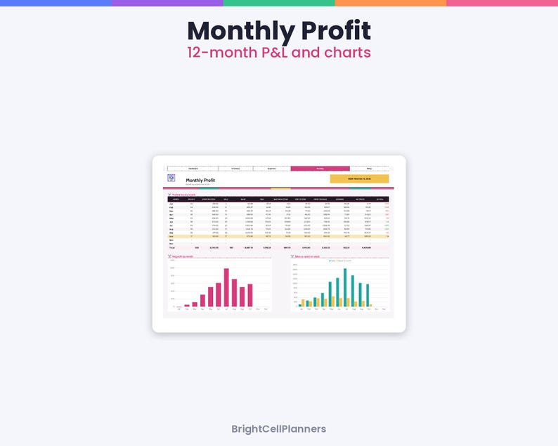 May include: A digital spreadsheet template titled Monthly Profit 12-month P&L and charts. The interface displays a financial table with rows for months and columns for revenue and expenses, alongside two bar charts visualizing profit data.