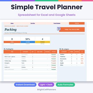 May include: A digital travel planner spreadsheet for Excel and Google Sheets titled Simple Travel Planner. The interface displays a packing list with categories, item quantities, and status bars showing 50% packed. Includes text labels for setup, trip plan, travel budget, and packing.
