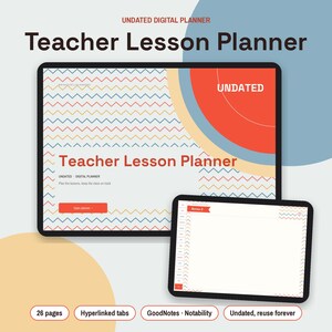May include: A digital teacher lesson planner displayed on two tablet screens. The cover features a chevron pattern in red, blue, and yellow with the text Teacher Lesson Planner and Undated. The second screen shows a blank page with side tabs.