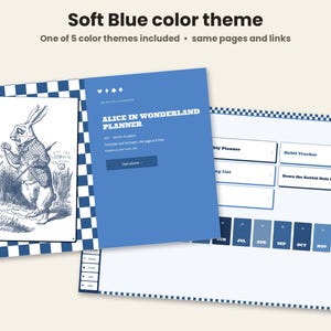 May include: A digital planner with a soft blue color theme featuring an Alice in Wonderland illustration of a rabbit. The interface includes text reading Alice in Wonderland Planner, Weekly Planner, Habit Tracker, and month labels from June to December.