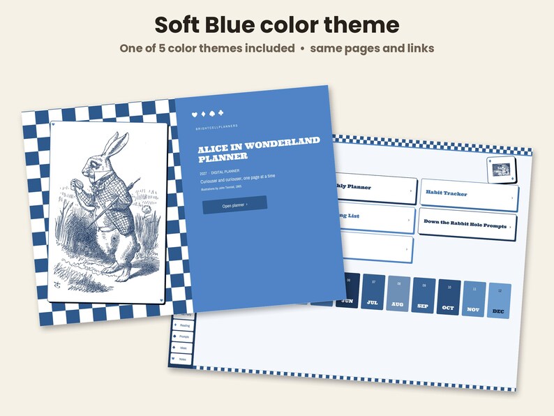 May include: A digital planner with a soft blue color theme featuring an Alice in Wonderland illustration of a rabbit. The interface includes text reading Alice in Wonderland Planner, Weekly Planner, Habit Tracker, and month labels from June to December.