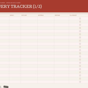 May include: A digital query tracker planner page with a dark red header labeled QUERY TRACKER (1/2). The table includes columns for Agent, Agency, Date Sent, Materials, Response, Full Request, and Offer, with checkboxes for tracking progress.