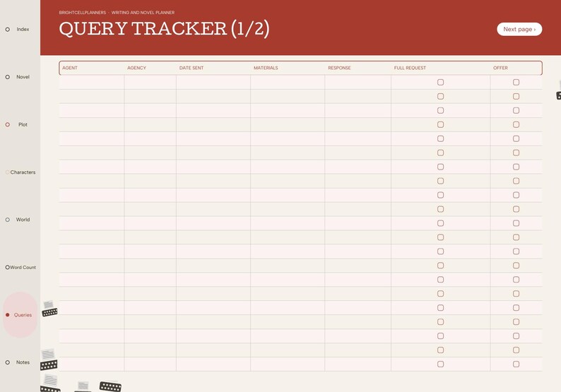 May include: A digital query tracker planner page with a dark red header labeled QUERY TRACKER (1/2). The table includes columns for Agent, Agency, Date Sent, Materials, Response, Full Request, and Offer, with checkboxes for tracking progress.