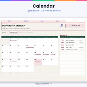 May include: A digital December 2026 calendar planner interface titled Christmas Budget. The layout features a monthly grid, a payments due list, and navigation tabs for setup, dashboard, budget, and savings. Text includes BrightCellPlanners.