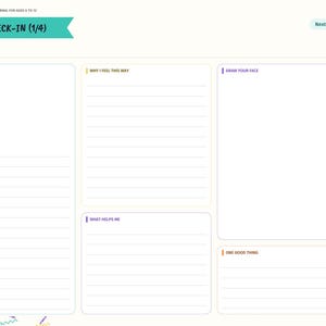 May include: A digital journal page titled Feelings Check-In (1/4) for kids. It features sections for Today I Feel with a checklist, Why I Feel This Way, Draw Your Face, What Helps Me, and One Good Thing. A side navigation bar lists Index, About Me, Prompts, Feelings, Drawing, Stars, Reading, and Notes.