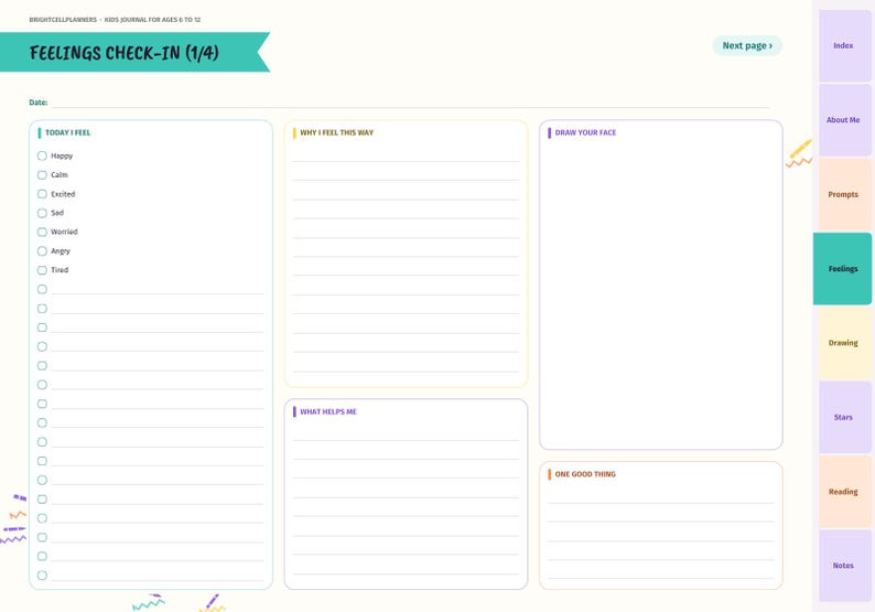 May include: A digital journal page titled Feelings Check-In (1/4) for kids. It features sections for Today I Feel with a checklist, Why I Feel This Way, Draw Your Face, What Helps Me, and One Good Thing. A side navigation bar lists Index, About Me, Prompts, Feelings, Drawing, Stars, Reading, and Notes.