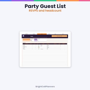May include: A digital party guest list planner displayed on a screen, featuring the text Party Guest List, RSVPs and headcount, and BrightCellPlanners. The interface includes a table for tracking guest names, attendance status, and meal choices.
