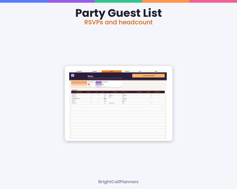 May include: A digital party guest list planner displayed on a screen, featuring the text Party Guest List, RSVPs and headcount, and BrightCellPlanners. The interface includes a table for tracking guest names, attendance status, and meal choices.