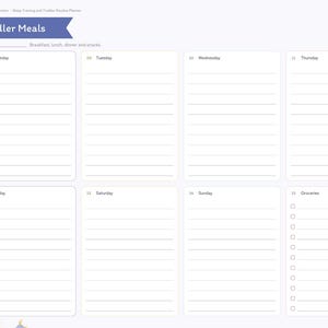 May include: A digital planner page titled Toddler Meals with a purple header. It features eight rectangular sections for Monday through Sunday and a Groceries list with checkboxes. The left sidebar includes tabs for Index, Little One, Naps, Sleep Training, Potty, Meals, Milestones, and Notes.