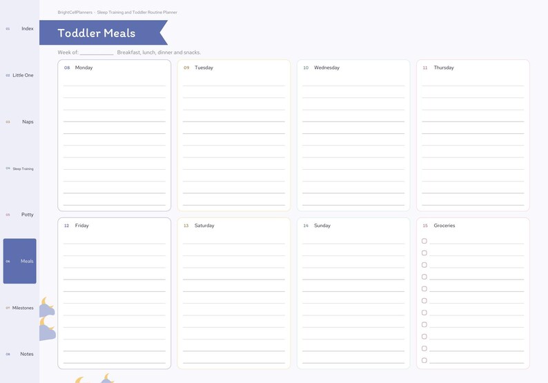 May include: A digital planner page titled Toddler Meals with a purple header. It features eight rectangular sections for Monday through Sunday and a Groceries list with checkboxes. The left sidebar includes tabs for Index, Little One, Naps, Sleep Training, Potty, Meals, Milestones, and Notes.