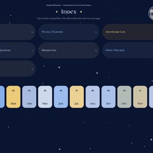 May include: A digital planner index page with a dark blue starry night background. It features navigation tiles for 2027 at a Glance, Weekly Planner, Adventure List, Happy Thoughts Journal, Dream Log, Habit Tracker, and Notes, plus monthly tabs.