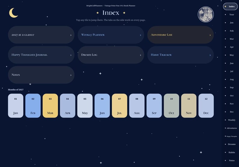 May include: A digital planner index page with a dark blue starry night background. It features navigation tiles for 2027 at a Glance, Weekly Planner, Adventure List, Happy Thoughts Journal, Dream Log, Habit Tracker, and Notes, plus monthly tabs.