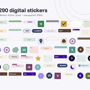 May include: A collection of 1,290 digital stickers for GoodNotes, including transparent PNG files. The set features various shapes, colors, and text labels such as Sunday, Edit, Launch, April, Travel, Budget, and dates like 12, 25, 15, 3, 21, 11, 6, and 18.