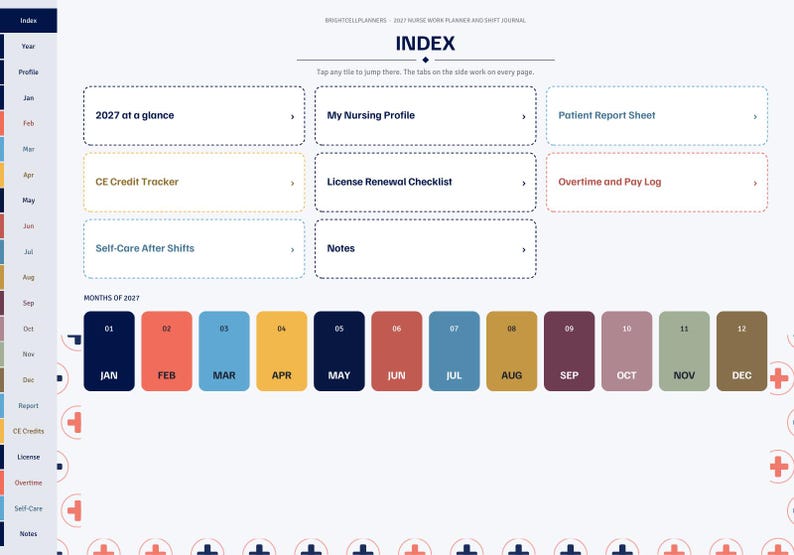May include: A digital planner index page titled 2027 Nurse Week Planner and Shift Journal. It features navigation tabs on the left and a grid of clickable tiles for sections like My Nursing Profile, CE Credit Tracker, and a monthly calendar.