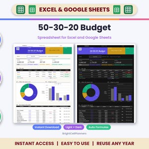 Hoja de cálculo de presupuesto 50-30-20: seguimiento de necesidades, deseos y ahorros (Excel, Google Sheets) imagen 1