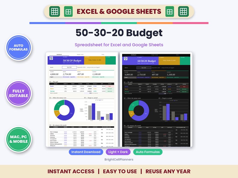 Hoja de cálculo de presupuesto 50-30-20: seguimiento de necesidades, deseos y ahorros (Excel, Google Sheets) imagen 1