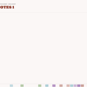 May include: A digital planner page titled NOTES 1 with a large blank white central area. The left sidebar features a vertical list of colorful navigation tabs labeled Index, Year, Setup, Recurring, Variable, Scheduled, Dashboard, months, and categories.