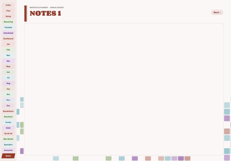 May include: A digital planner page titled NOTES 1 with a large blank white central area. The left sidebar features a vertical list of colorful navigation tabs labeled Index, Year, Setup, Recurring, Variable, Scheduled, Dashboard, months, and categories.