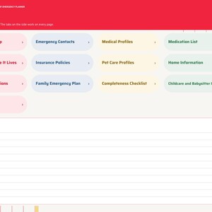 May include: A digital emergency planner index page with a red header labeled INDEX. It features clickable tiles for Household Setup, Emergency Contacts, Medical Profiles, Medication List, Accounts, Insurance, Pet Care, and a Quick Notes section.