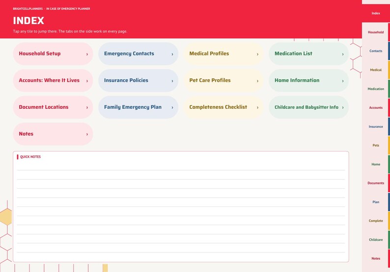 May include: A digital emergency planner index page with a red header labeled INDEX. It features clickable tiles for Household Setup, Emergency Contacts, Medical Profiles, Medication List, Accounts, Insurance, Pet Care, and a Quick Notes section.
