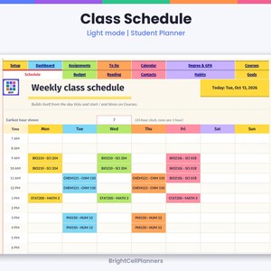 May include: A digital weekly class schedule student planner in light mode. The interface features colorful navigation tabs, a grid layout for days of the week, and time slots from 7 AM to 6 PM. Course blocks are color-coded with text labels.