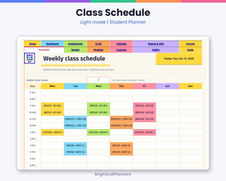 May include: A digital weekly class schedule student planner in light mode. The interface features colorful navigation tabs, a grid layout for days of the week, and time slots from 7 AM to 6 PM. Course blocks are color-coded with text labels.