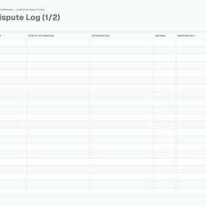 May include: A digital planner page titled Dispute Log (1/2) for credit score repair. The layout features a table with columns for Date Sent, Bureau or Creditor, Item Disputed, Method, Response Due, and Result, with a sidebar navigation menu.
