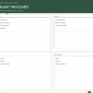 May include: A teacher substitute binder page titled Emergency Procedures with a dark green header. The page features four white boxes with checklists for Fire Drill, Lockdown, Medical, and Early Dismissal, decorated with small red and green apple icons.