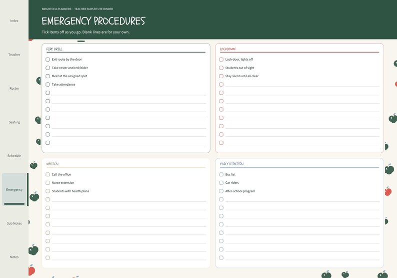May include: A teacher substitute binder page titled Emergency Procedures with a dark green header. The page features four white boxes with checklists for Fire Drill, Lockdown, Medical, and Early Dismissal, decorated with small red and green apple icons.