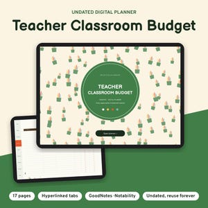 May include: An undated digital planner for a teacher classroom budget displayed on a tablet screen. The cover features a pattern of green pencil cups and a central green circle with the text Teacher Classroom Budget and Open planner.