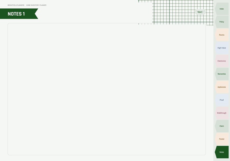 Puede incluir: Una p&aacute;gina de planificador de inventario dom&eacute;stico digital titulada NOTES 1 con un &aacute;rea central grande y en blanco. La interfaz presenta un encabezado verde, un patr&oacute;n de cuadr&iacute;cula en la esquina superior derecha y una barra lateral vertical con pesta&ntilde;as etiquetadas como Index, Policy, Rooms, High-Value, Electronics, Warranties, Appliances, Proof, Walkthrough, Claim, Packet y Notes.