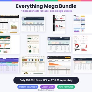 May include: A digital collection titled Everything Mega Bundle containing 71 spreadsheets for Excel and Google Sheets. The image displays various dashboard layouts, financial charts, and data tables with light and dark themes, featuring auto formulas and instant download options.