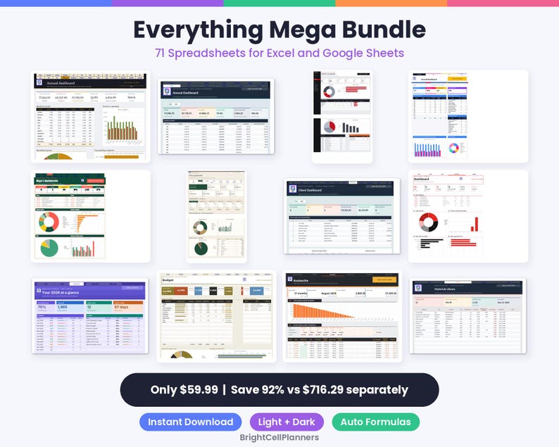 May include: A digital collection titled Everything Mega Bundle containing 71 spreadsheets for Excel and Google Sheets. The image displays various dashboard layouts, financial charts, and data tables with light and dark themes, featuring auto formulas and instant download options.