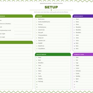 May include: A digital workout planner setup page with a white background and green and purple headers. Sections include Your Program, Notes, Exercise, Muscle Group, Muscle Groups, and Workout Types with lined fields for tracking fitness data.