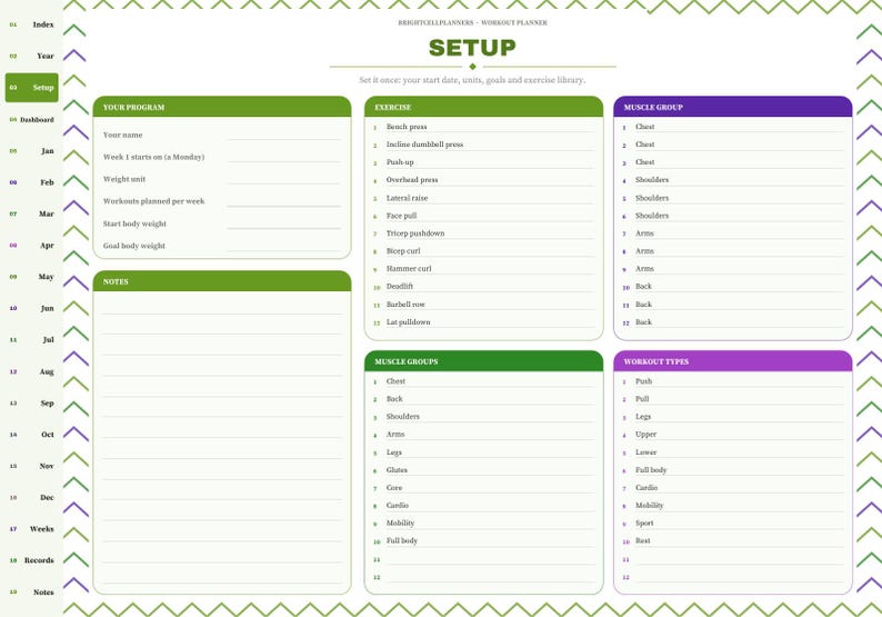 May include: A digital workout planner setup page with a white background and green and purple headers. Sections include Your Program, Notes, Exercise, Muscle Group, Muscle Groups, and Workout Types with lined fields for tracking fitness data.