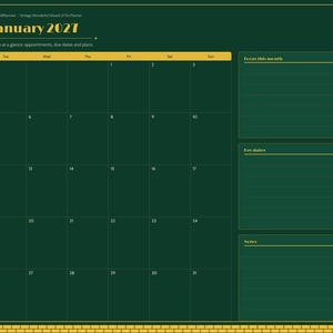 May include: A digital planner page for January 2027 with a dark green background and gold accents. It features a monthly calendar grid, sections for focus, due dates, and notes, plus side navigation tabs and a small illustration.